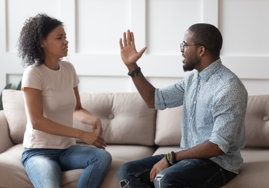 couple sitting man raising arm aggressively things toxic partners say