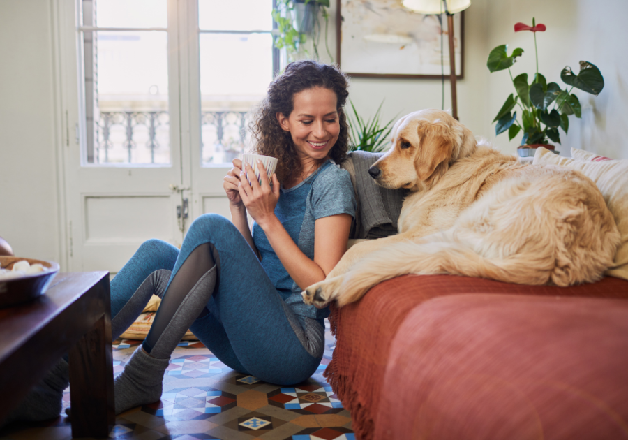 woman smiling at dog sitting on sofa Psychological Effects of Being Single Too Long