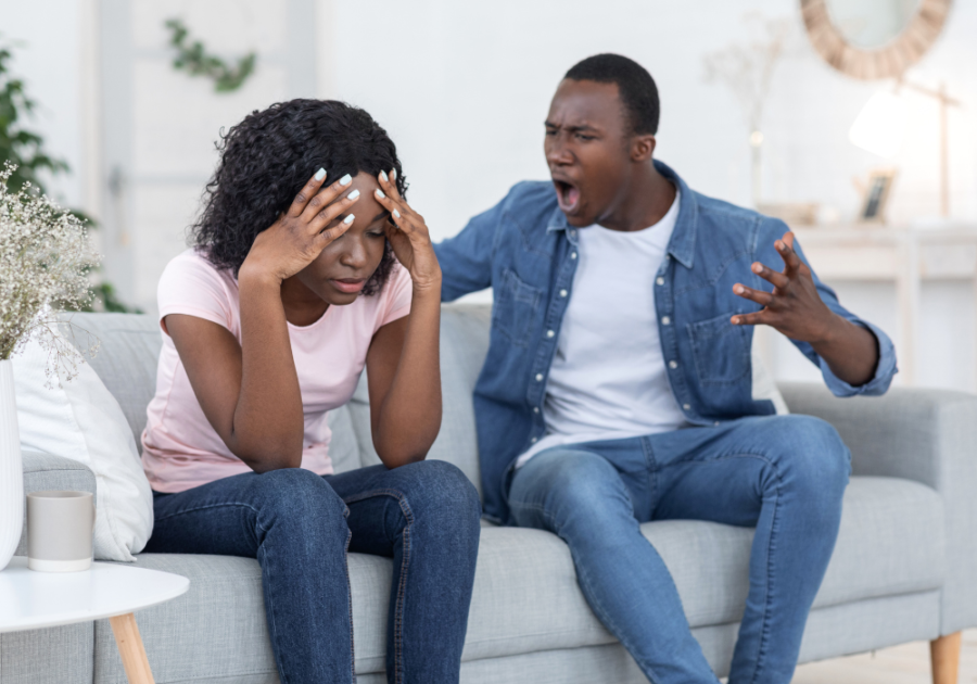 couple of sofa man yelling turned of by husband